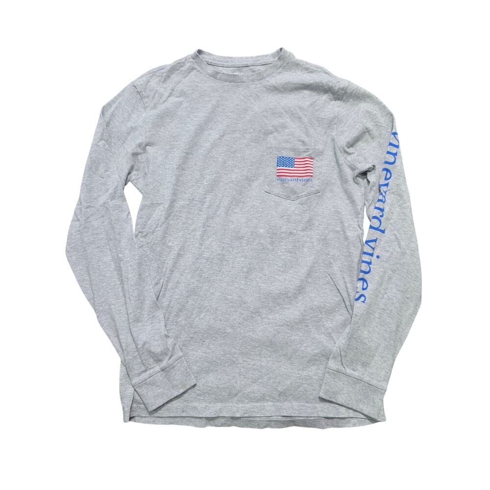 Vineyard Vines Mens American Flag Pocket Cotton Long Sleeve T-Shirt Gray Size XS